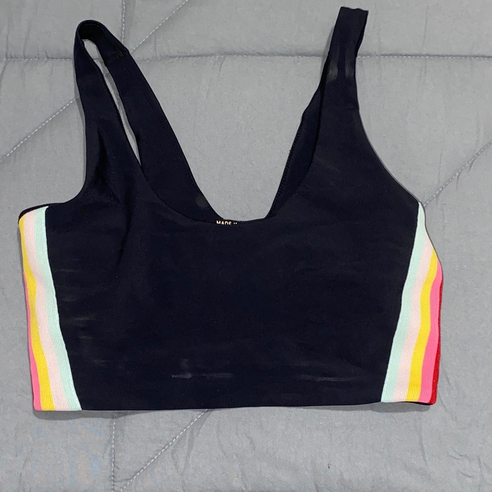Spiritual Gangster Black Scoop Sports Bra with Rainbow Sides and Gold Logo